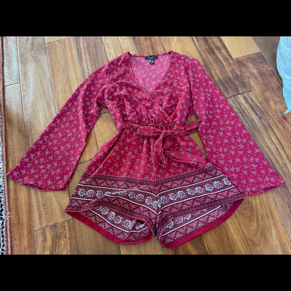 ASOS New Look Petite Red Floral Flare Sleeve Romper